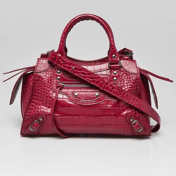 Balenciaga Raspberry Croc Embossed Calfskin Leather Neo Classic Small City Bag - Picture 1 of 12